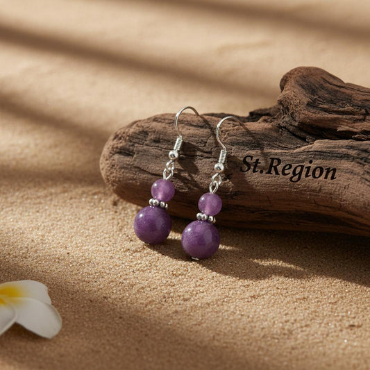 Purple Jade & Silvertone ‌Gourd‌-Shape Hook Earrings