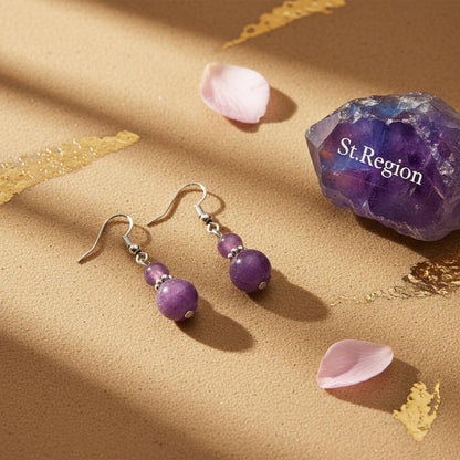 Purple Jade and Silvertone ‌Gourd‌-Shape Hook Earrings, silver drop earrings for women, detail close-up