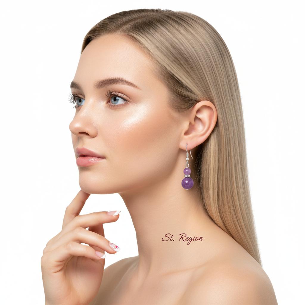 Purple Jade and Silvertone ‌Gourd‌-Shape Hook Earrings, silver drop earrings for women, dainty minimalist design, styled look