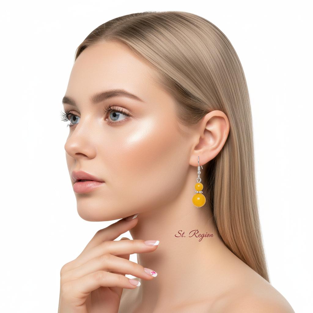 Yellow Jade and Silvertone ‌Gourd‌-Shape Hook Earrings, silver drop earrings for women, botanical inspired, styled look