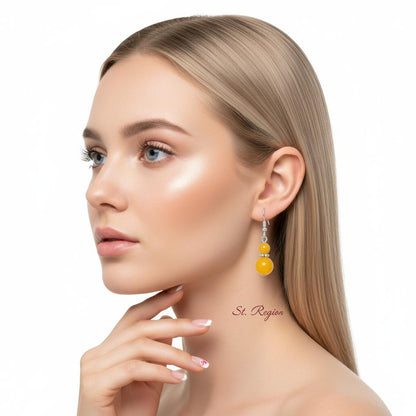 Yellow Jade and Silvertone ‌Gourd‌-Shape Hook Earrings, silver drop earrings for women, botanical inspired, styled look