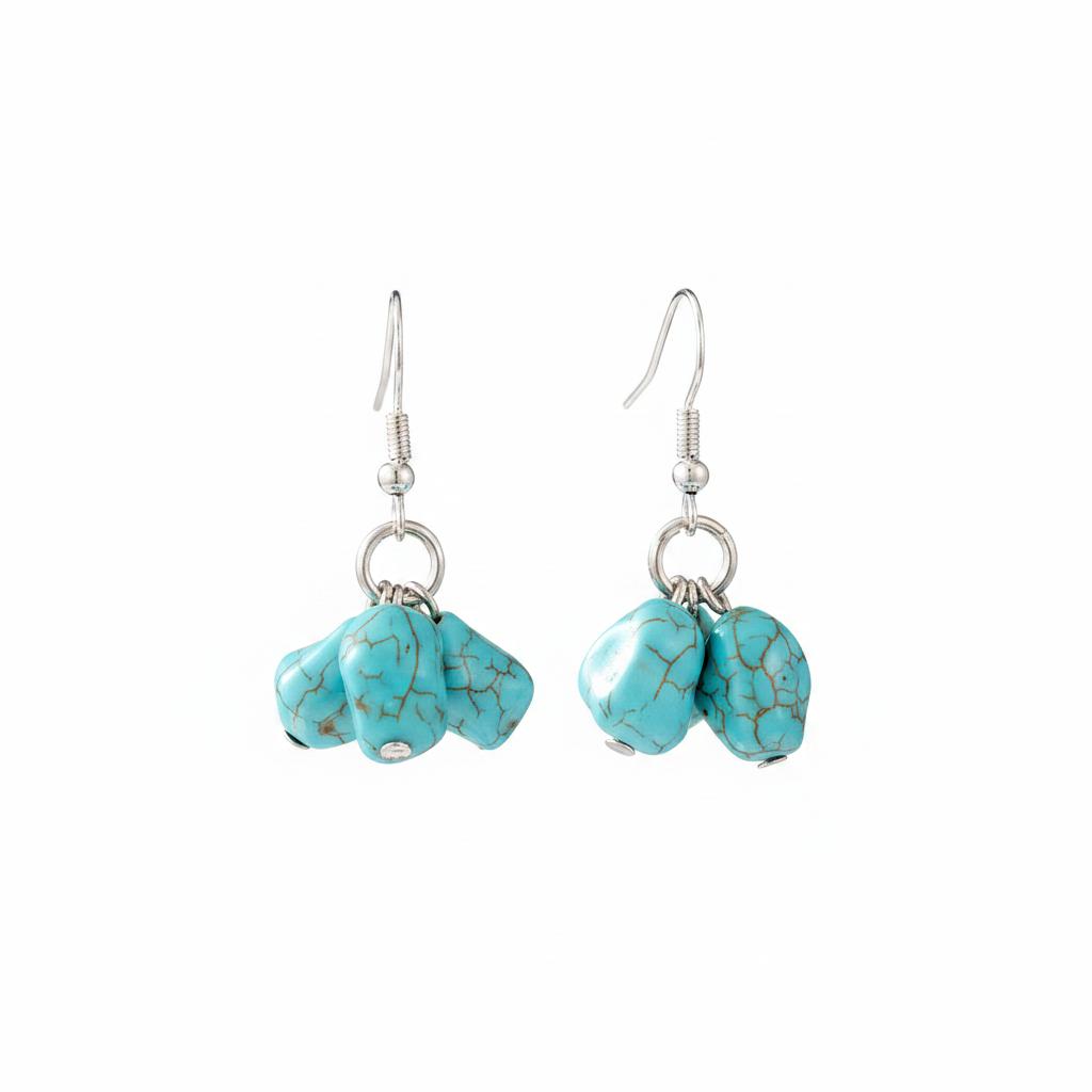 Turqouise and Silvertone Cube Cluster Hook Earrings, silver drop earrings for women, everyday style, side view