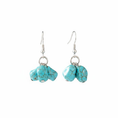 Turqouise and Silvertone Cube Cluster Hook Earrings, silver drop earrings for women, everyday style, side view