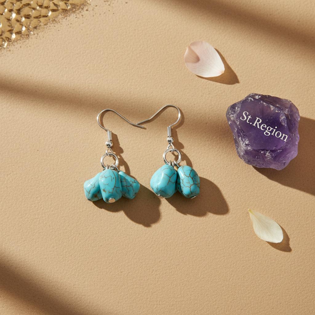 Turqouise and Silvertone Cube Cluster Hook Earrings, silver drop earrings for women, everyday style, detail close-up