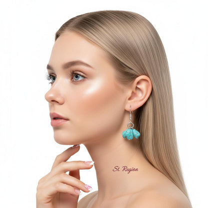 Turqouise and Silvertone Cube Cluster Hook Earrings, silver drop earrings for women, everyday style, styled look