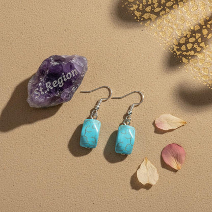 Turqouise and Silvertone Diomand-Cut Cuboid Hook Earrings, silver drop earrings for women, detail close-up