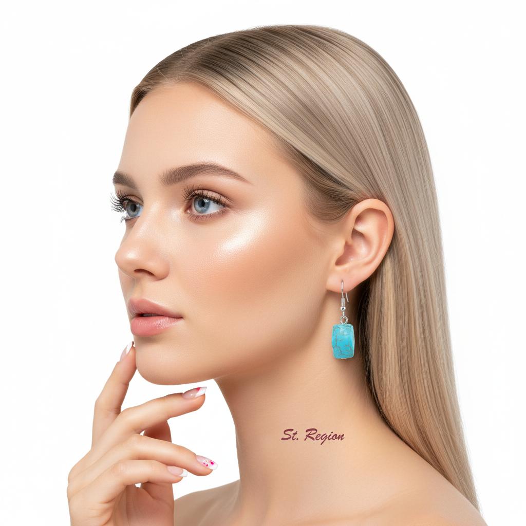 Turqouise and Silvertone Diomand-Cut Cuboid Hook Earrings, silver drop earrings for women, styled look