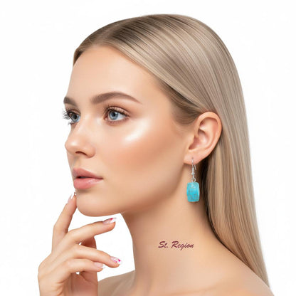 Turqouise and Silvertone Diomand-Cut Cuboid Hook Earrings, silver drop earrings for women, styled look