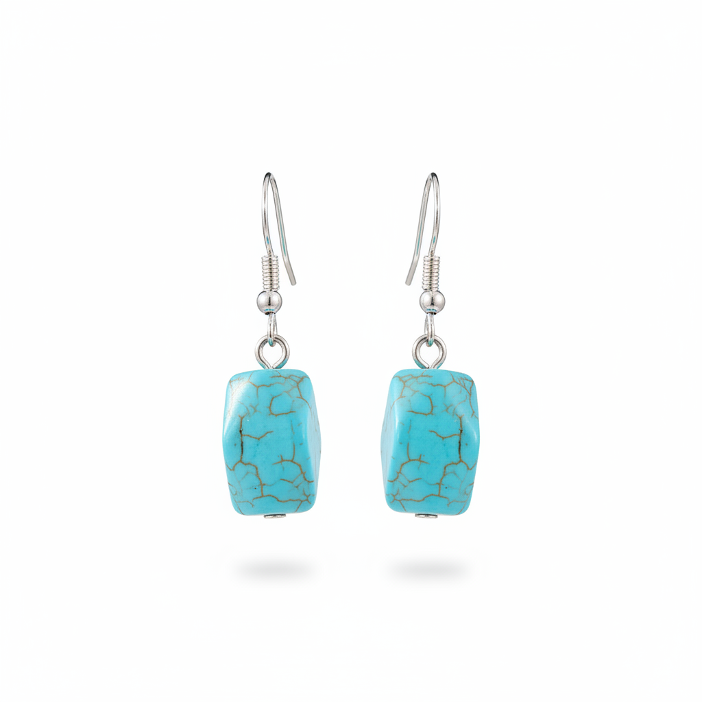 Turqouise & Silvertone Diomand-Cut Cuboid Hook Earrings - Street Region