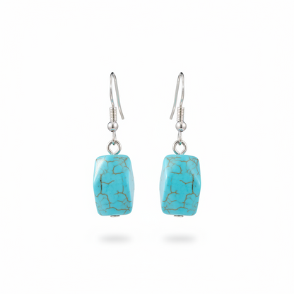 Turqouise & Silvertone Diomand-Cut Cuboid Hook Earrings - Street Region
