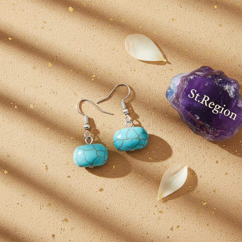 Turqouise and Silvertone Pumpkin-Shape Stone Hook Earrings, silver drop earrings for women, detail close-up