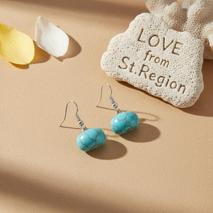 Turqouise and Silvertone Pumpkin-Shape Stone Hook Earrings, silver drop earrings for women, lifestyle look