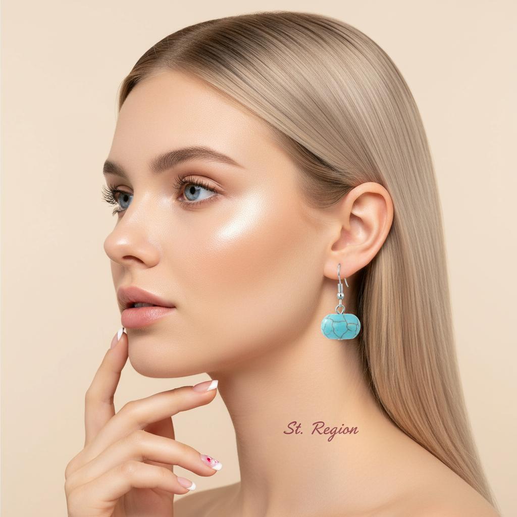 Turqouise and Silvertone Pumpkin-Shape Stone Hook Earrings, silver drop earrings for women, elegant gift for her, styled look
