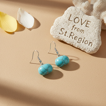 Turqouise & Silvertone Pumpkin-Shape Stone Hook Earrings - Street Region