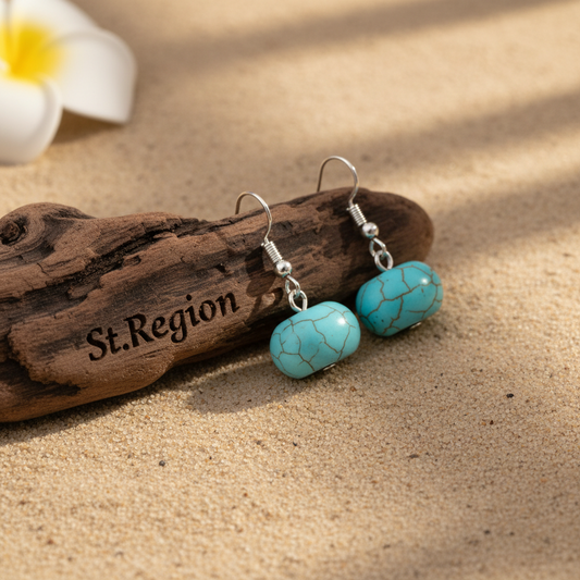 Turqouise & Silvertone Pumpkin-Shape Stone Hook Earrings - Street Region