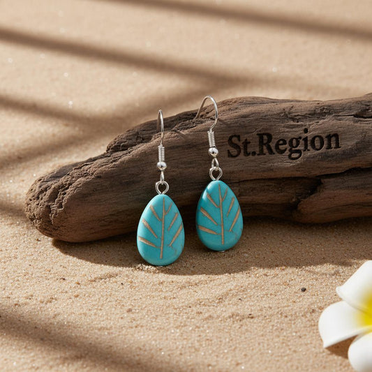 Turqouise and Silvertone Drop-Shape Leaf Hook Earrings, silver drop earrings for women, botanical inspired, front view