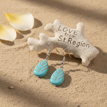 Turqouise and Silvertone Drop-Shape Leaf Hook Earrings, silver drop earrings for women, botanical inspired, lifestyle look