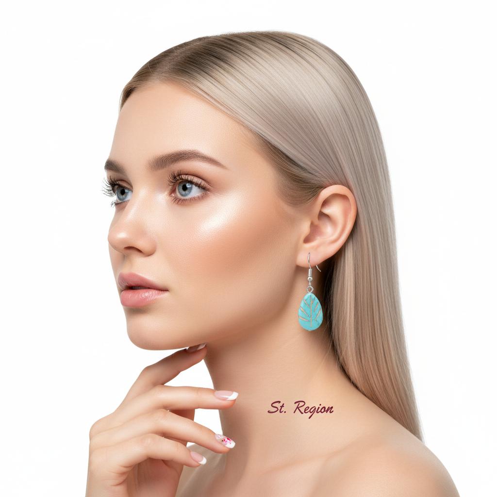 Turqouise and Silvertone Drop-Shape Leaf Hook Earrings, silver drop earrings for women, botanical inspired, styled look