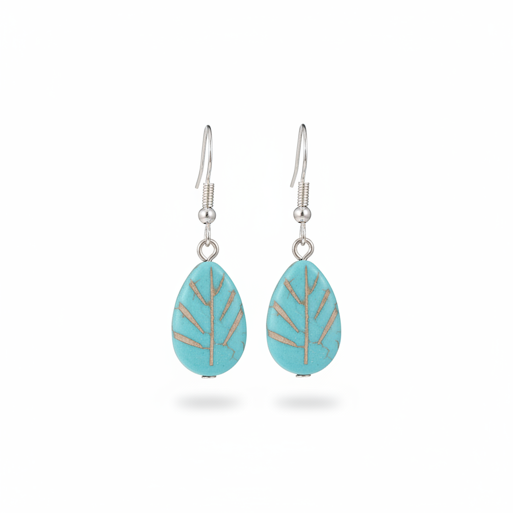 Turqouise & Silvertone Drop-Shape Leaf Hook Earrings - Street Region