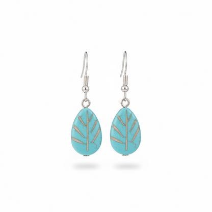 Turqouise & Silvertone Drop-Shape Leaf Hook Earrings - Street Region