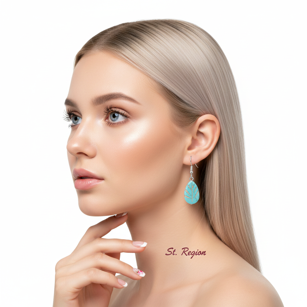 Turqouise & Silvertone Drop-Shape Leaf Hook Earrings - Street Region