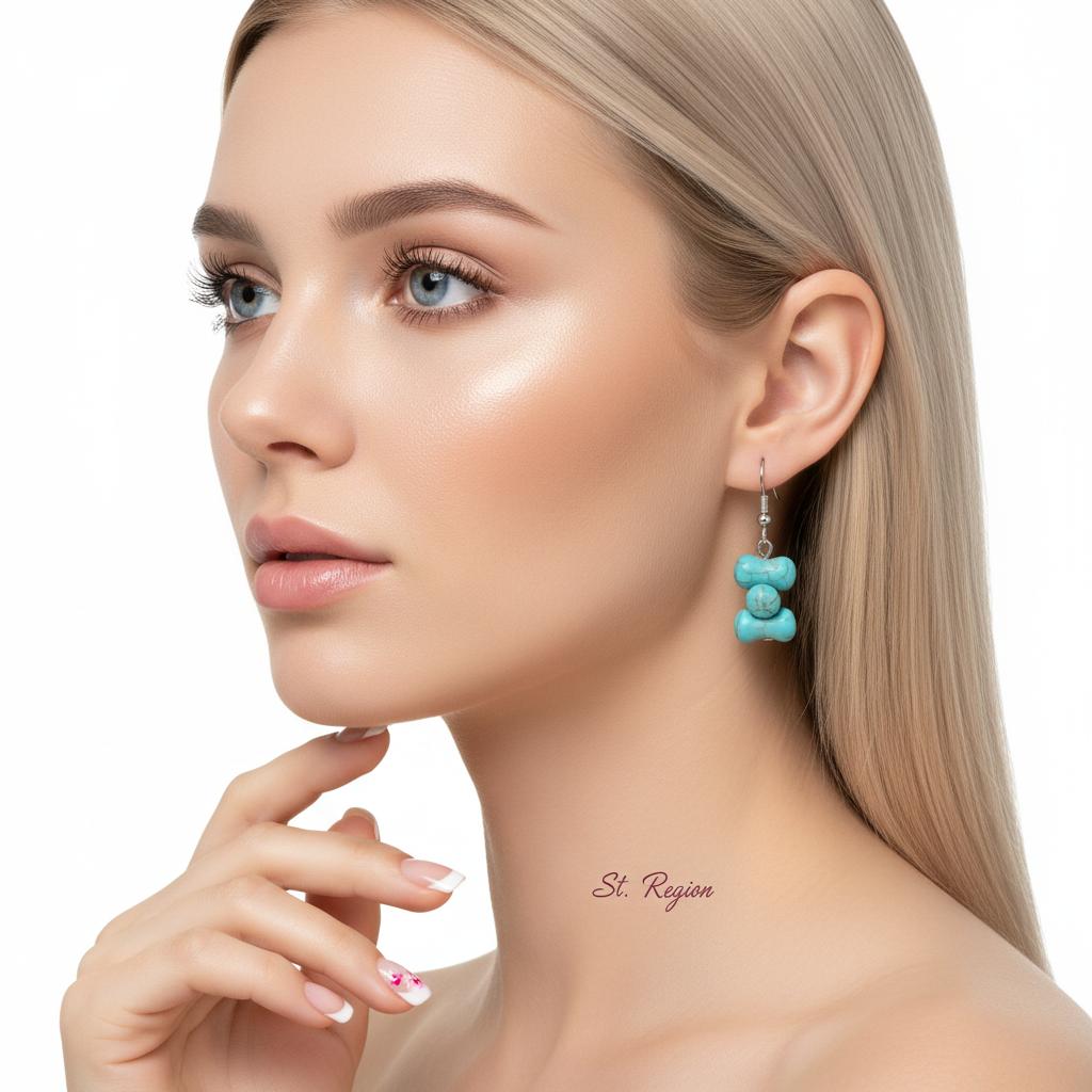 Turqouise and Silvertone Bone-Shape Stone Hook Earrings, silver drop earrings for women, vintage-inspired design, styled look