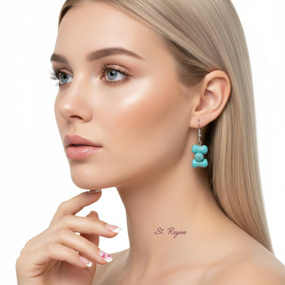 Turqouise and Silvertone Bone-Shape Stone Hook Earrings, silver drop earrings for women, vintage-inspired design, styled look