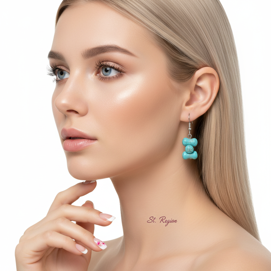 Turqouise & Silvertone Bone-Shape Stone Hook Earrings - Street Region