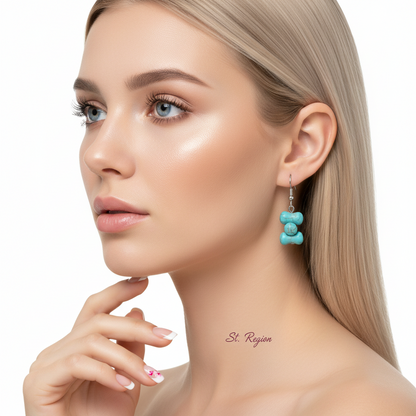 Turqouise & Silvertone Bone-Shape Stone Hook Earrings - Street Region