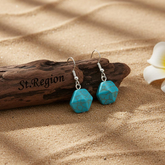 Turqouise and Silvertone Diomand-Cut Stone Hook Earrings, silver drop earrings for women, elegant gift for her, front view