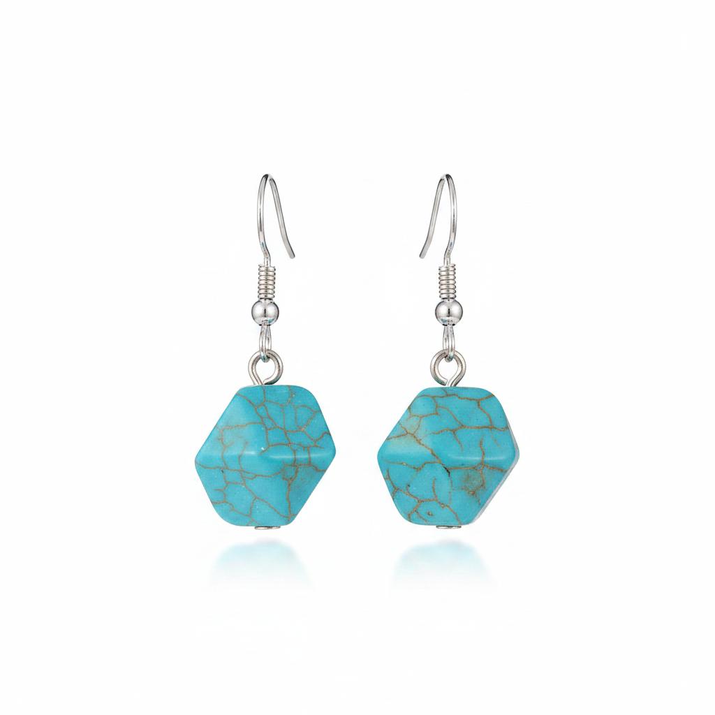 Turqouise and Silvertone Diomand-Cut Stone Hook Earrings, silver drop earrings for women, elegant gift for her, side view