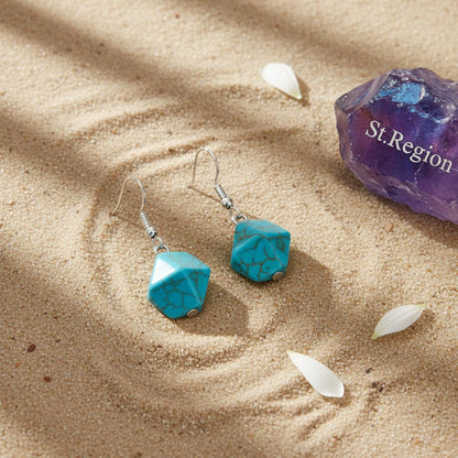 Turqouise and Silvertone Diomand-Cut Stone Hook Earrings, silver drop earrings for women, detail close-up