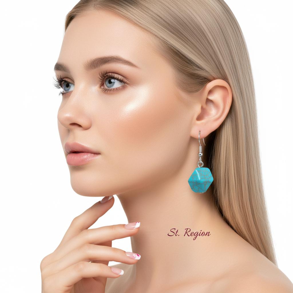 Turqouise and Silvertone Diomand-Cut Stone Hook Earrings, silver drop earrings for women, elegant gift for her, styled look