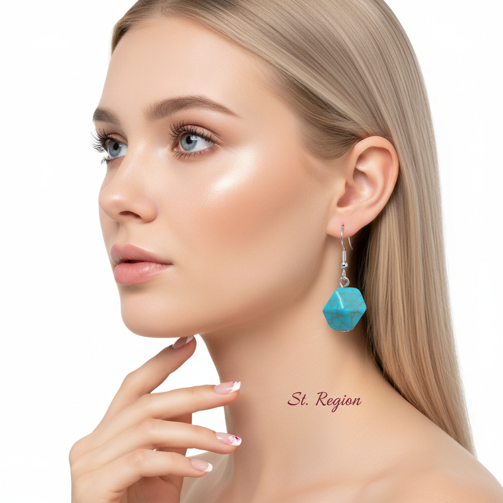 Turqouise & Silvertone Diomand-Cut Stone Hook Earrings - Street Region
