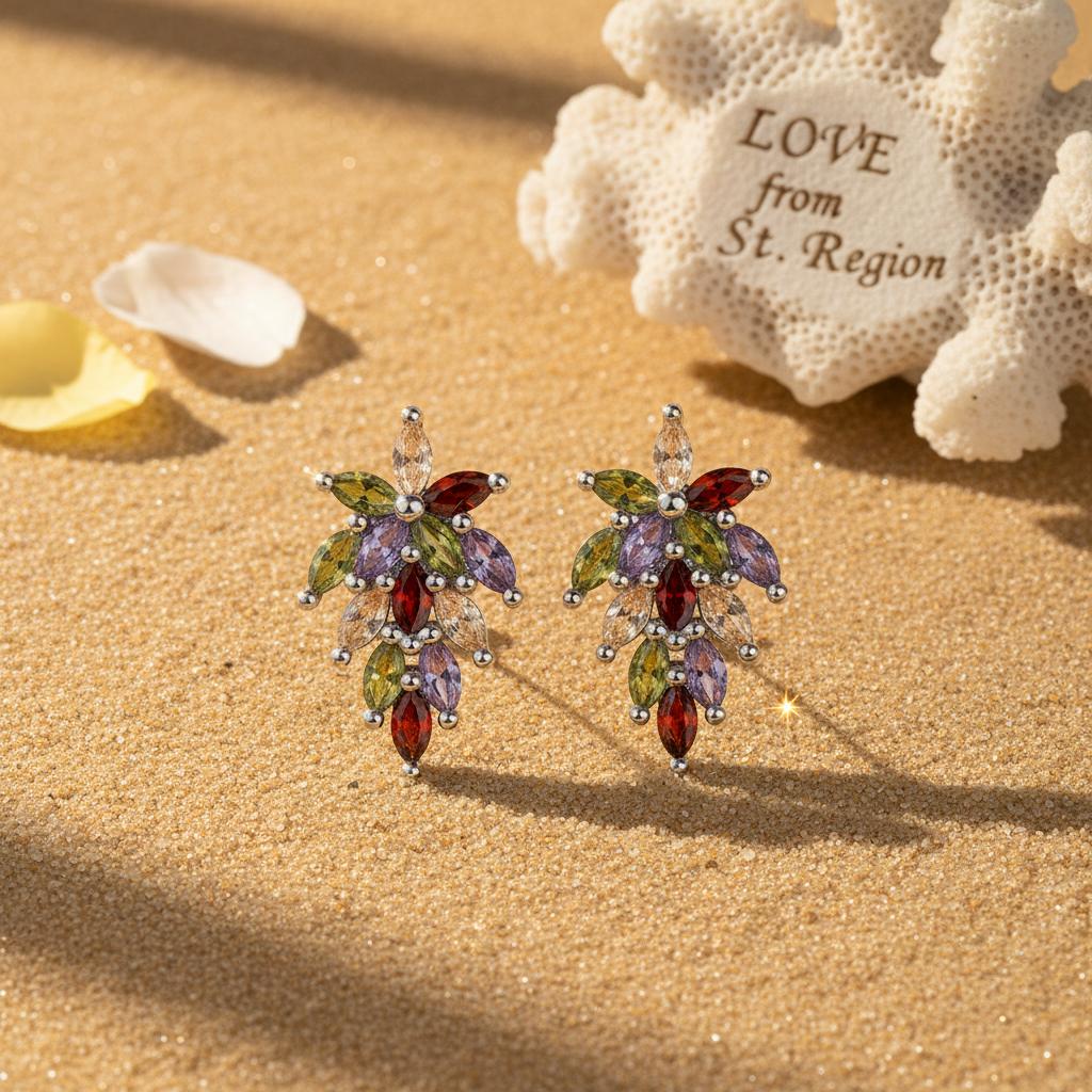Multi-Colored Crystal and Silvertone Flower Cluster Dangle Earrings, silver drop earrings for women, lifestyle look