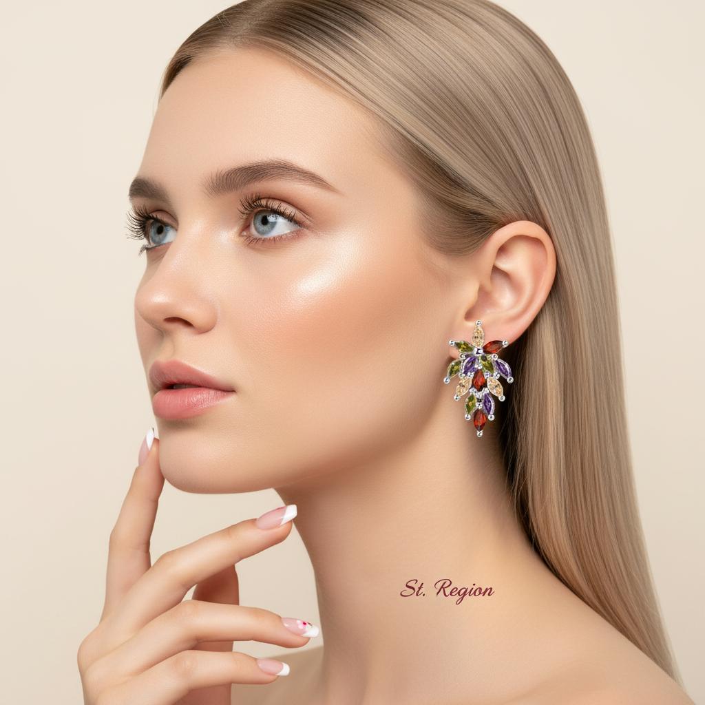 Multi-Colored Crystal and Silvertone Flower Cluster Dangle Earrings, silver drop earrings for women, styled look