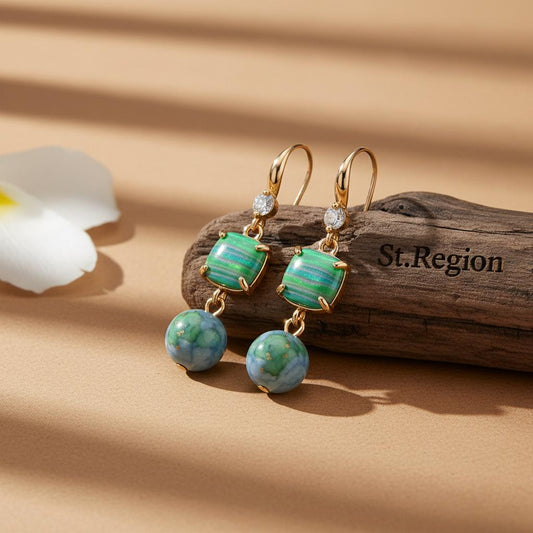 Blue Resin and Cubic Zirconia Goldtone Cushion Ball Hook Earrings, gold drop earrings for women, front view