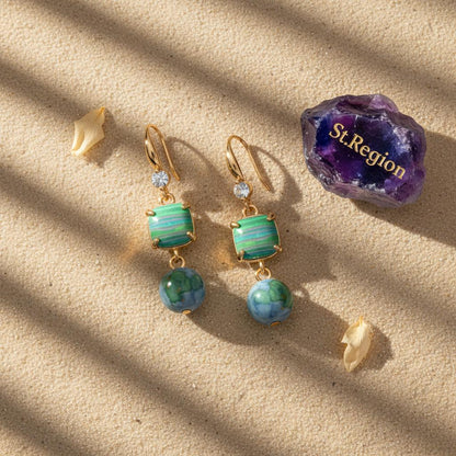 Blue Resin and Cubic Zirconia Goldtone Cushion Ball Hook Earrings, gold drop earrings for women, detail close-up