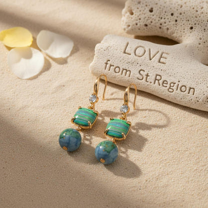 Blue Resin and Cubic Zirconia Goldtone Cushion Ball Hook Earrings, gold drop earrings for women, lifestyle look