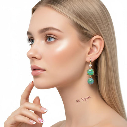 Blue Resin and Cubic Zirconia Goldtone Cushion Ball Hook Earrings, gold drop earrings for women, styled look