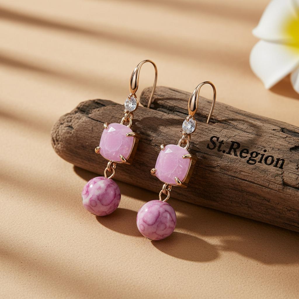 Pink Resin and Cubic Zirconia Goldtone Cushion Ball Hook Earrings, gold drop earrings for women, everyday style, front view