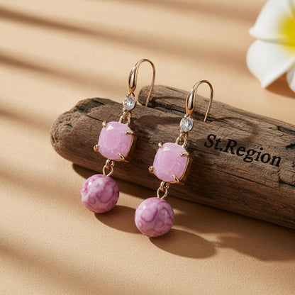 Pink Resin and Cubic Zirconia Goldtone Cushion Ball Hook Earrings, gold drop earrings for women, everyday style, front view