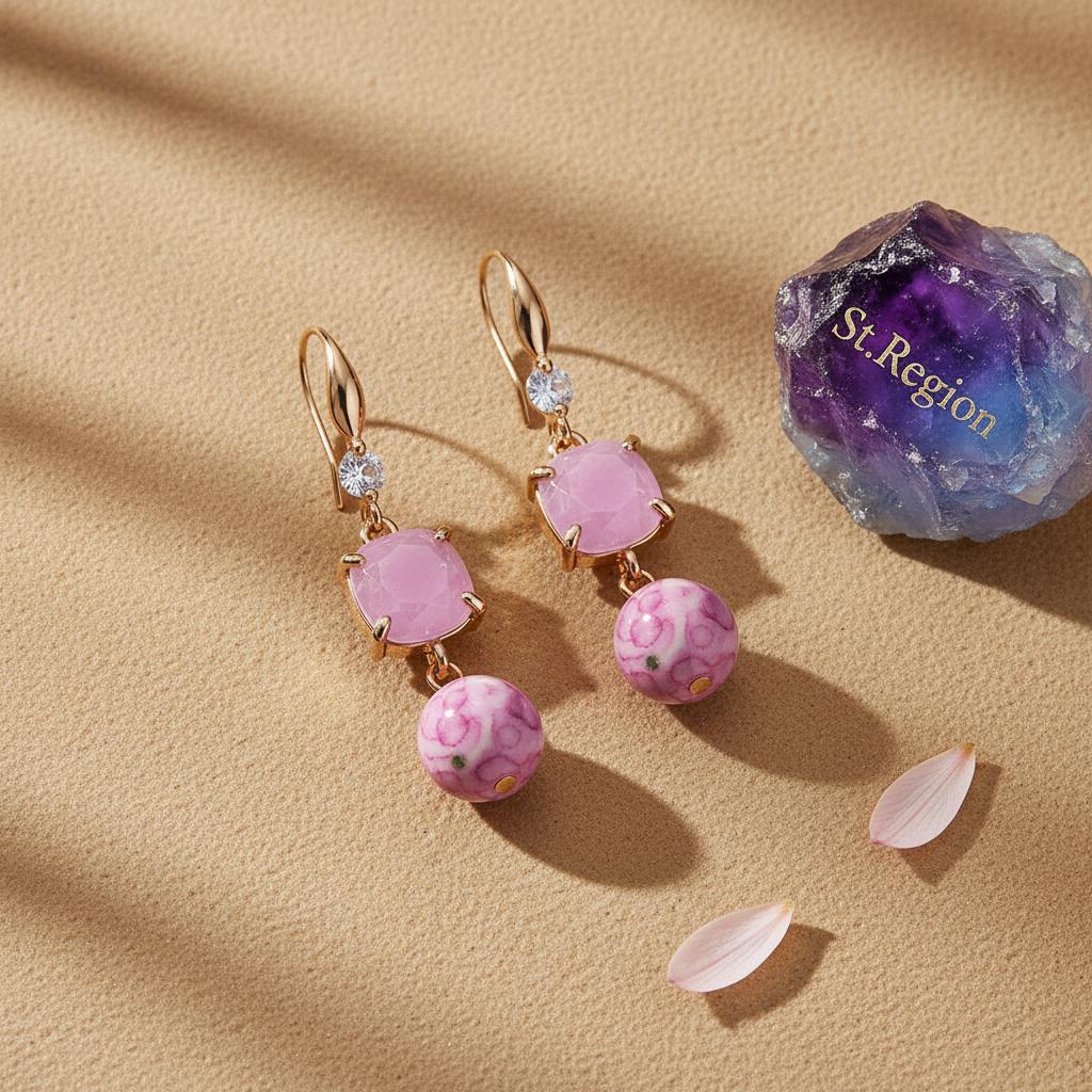 Pink Resin and Cubic Zirconia Goldtone Cushion Ball Hook Earrings, gold drop earrings for women, detail close-up