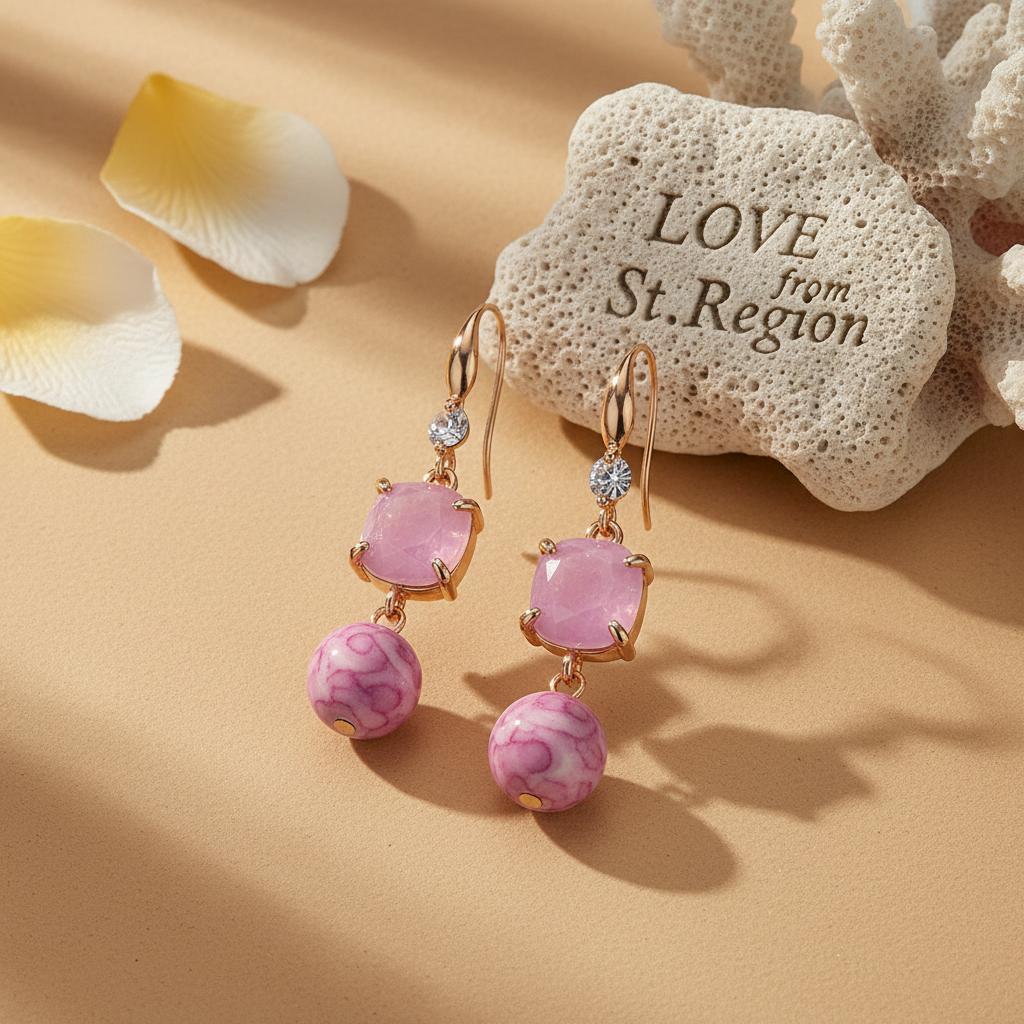 Pink Resin and Cubic Zirconia Goldtone Cushion Ball Hook Earrings, gold drop earrings for women, lifestyle look