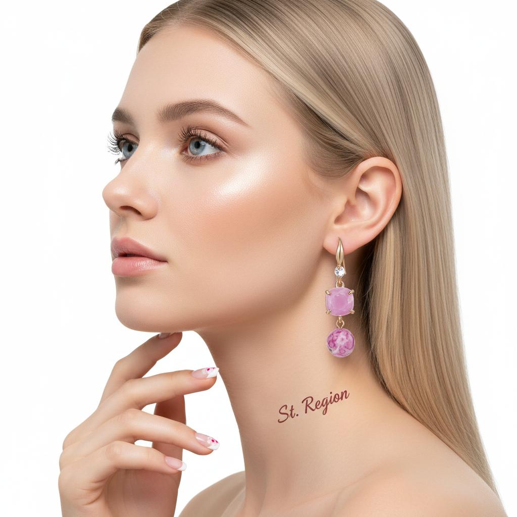 Pink Resin and Cubic Zirconia Goldtone Cushion Ball Hook Earrings, gold drop earrings for women, everyday style, styled look