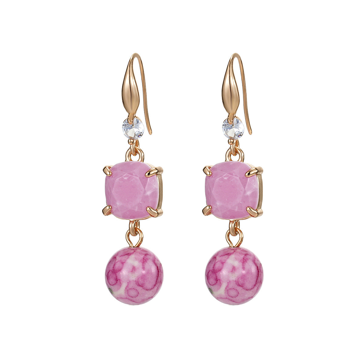 Pink Resin & Cubic Zirconia Goldtone Cushion Ball Hook Earrings - Street Region