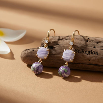 Purple Resin and Cubic Zirconia Goldtone Cushion Ball Hook Earrings, gold drop earrings for women, front view