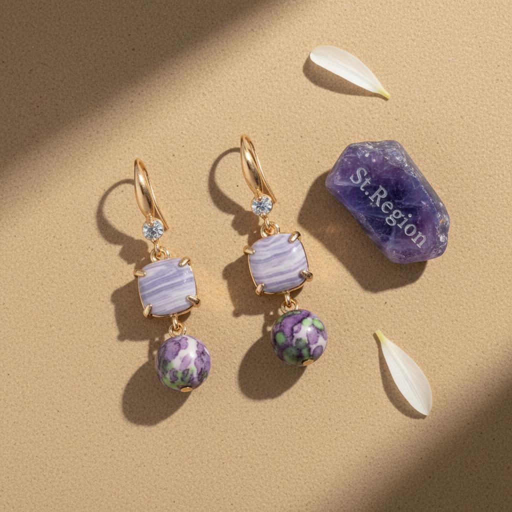 Purple Resin and Cubic Zirconia Goldtone Cushion Ball Hook Earrings, gold drop earrings for women, detail close-up