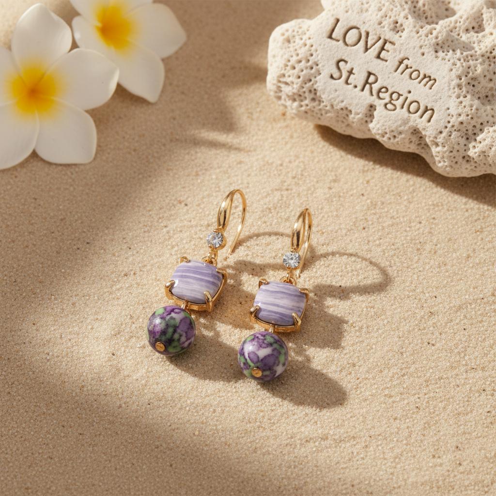 Purple Resin and Cubic Zirconia Goldtone Cushion Ball Hook Earrings, gold drop earrings for women, lifestyle look