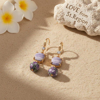 Purple Resin and Cubic Zirconia Goldtone Cushion Ball Hook Earrings, gold drop earrings for women, lifestyle look